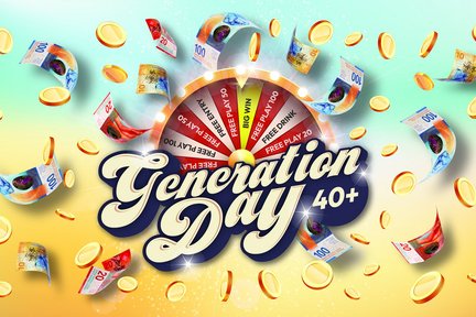 Logo Generation Day avec roue de la fortune coupée et billets et pièces de monnaie volants
